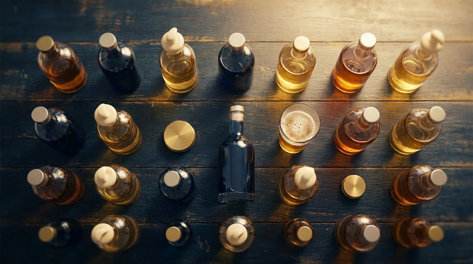 Bouteilles de bières ivoiriennes alignées sur un comptoir en bois sombre, ambiance éditoriale.