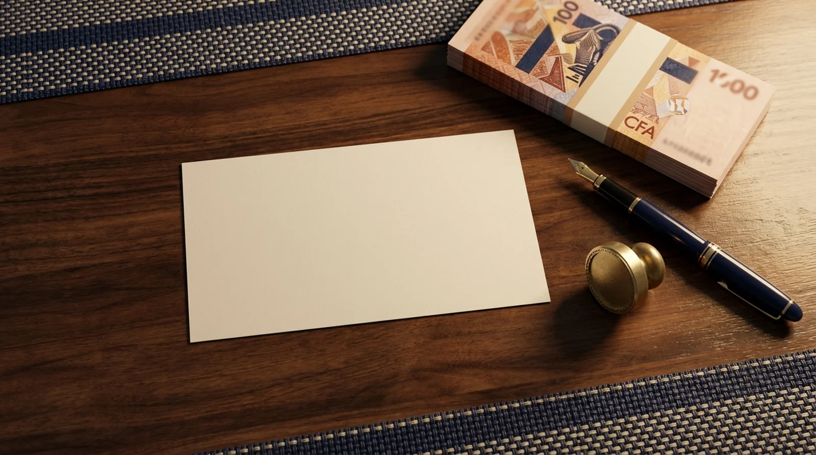 Carte de commerçant ivoirienne posée sur un comptoir de maquis avec un cachet et un stylo.