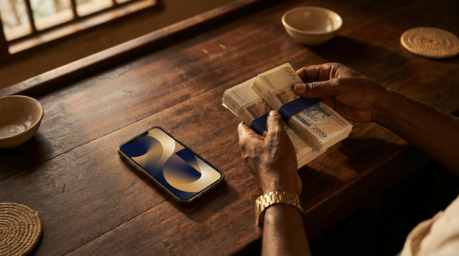 Mains comptant des billets FCFA à côté d'un smartphone affichant un tableau de bord, sur un comptoir en bois.