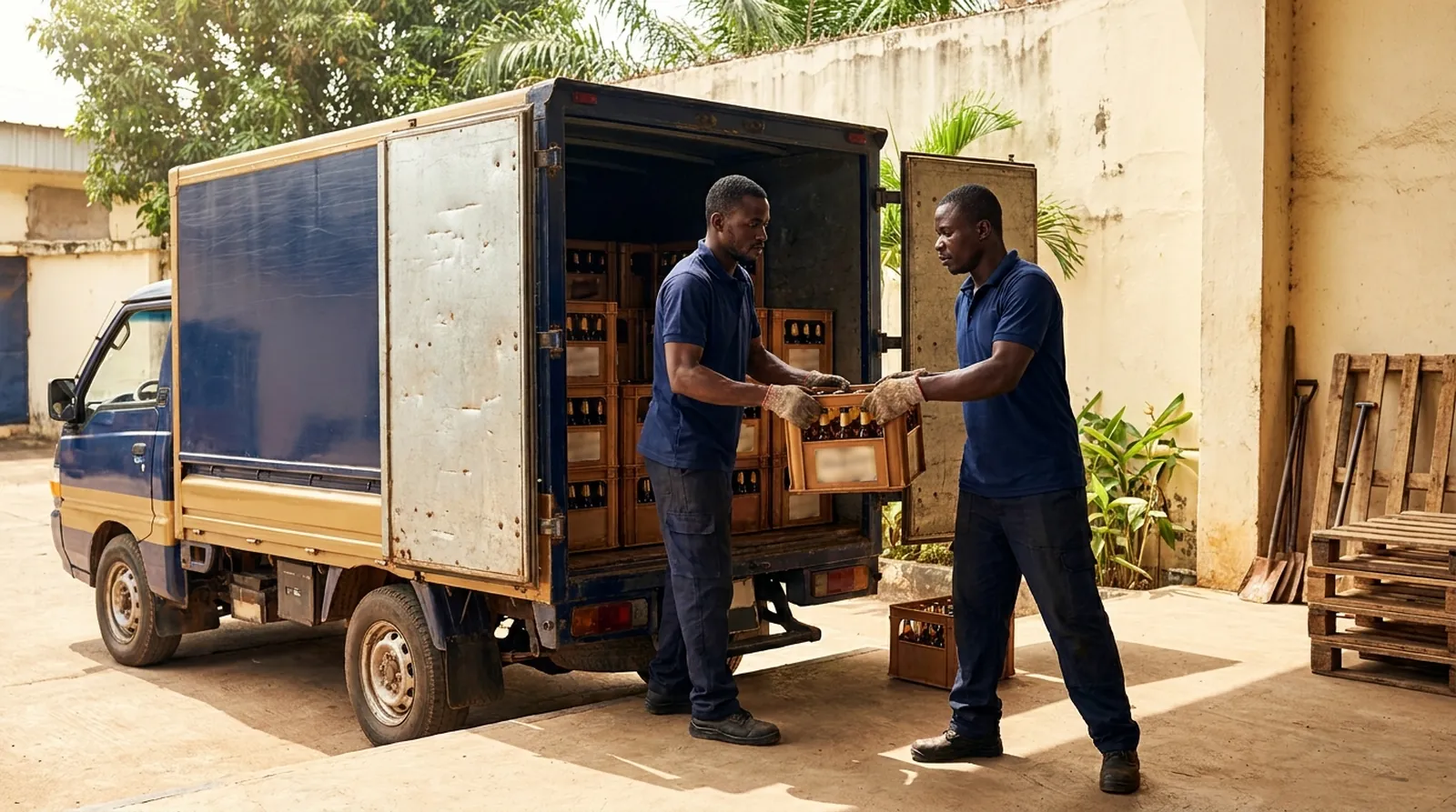 Camion de livraison de boissons devant un maquis abidjanais, casiers de bières en déchargement.